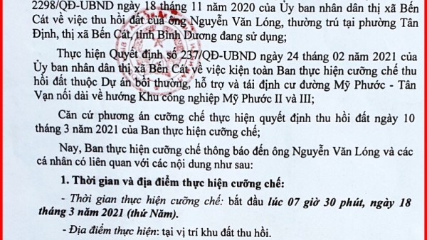 Thị xã Bến Cát, tỉnh Bình Dương: Tổ chức cưỡng chế thu hồi đất cụ ông 90 tuổi, đang bị bệnh nặng, có đúng luật?
